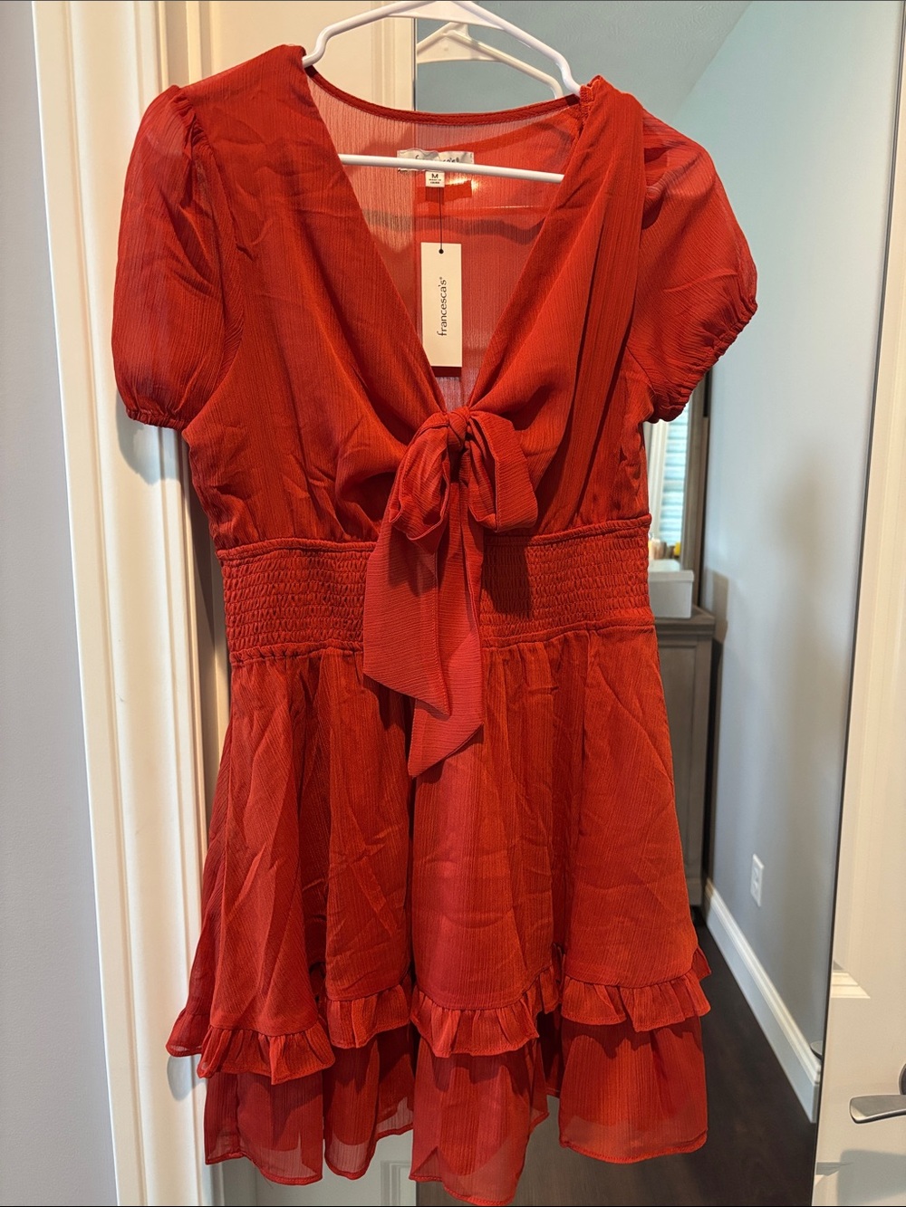 Red Orange Tie-Front Ruffle Party Dress